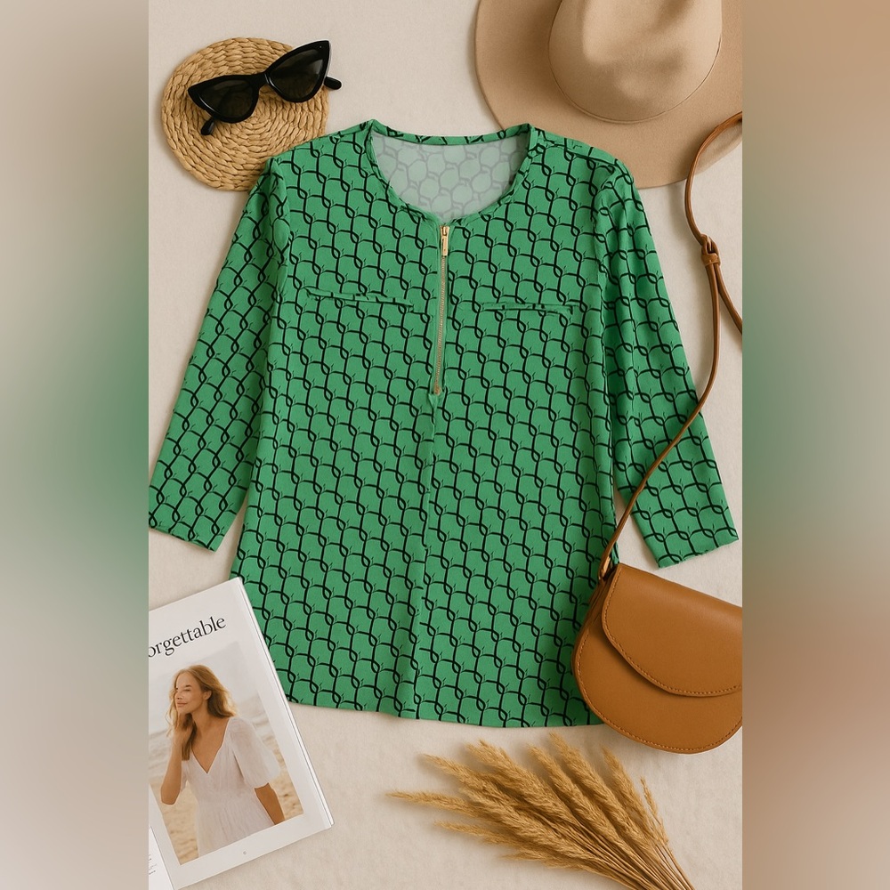 New York & Company Emerald Green Geometric Zip-Front Blouse Size Medium